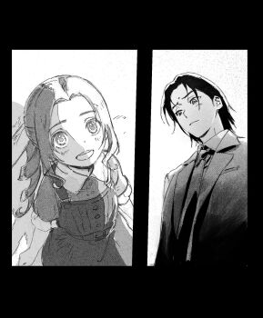 1boy 1girl aerith_gainsborough aged_down bindi black_border black_hair blush border child collared_dress collared_shirt dress final_fantasy final_fantasy_vii final_fantasy_vii_remake greyscale hair_ribbon highres jacket long_hair looking_at_another medium_hair monochrome necktie negitoro_umaai open_mouth parted_lips ponytail ribbon shirt short_sleeves sidelocks smile suit_jacket teeth tseng upper_body upper_teeth_only wavy_hair