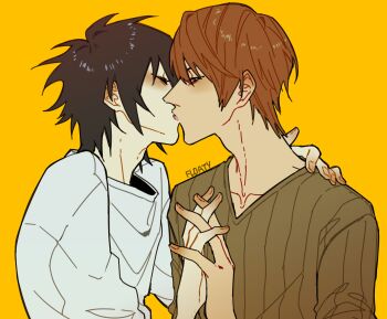 2boys absurdres black_hair blush brown_hair closed_eyes collarbone death_note floatyart highres kiss l_(death_note) male_focus multiple_boys pale_skin shirt short_hair v-neck white_shirt yagami_light yaoi