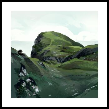 absurdres animal border cliff commentary day highres horizon mountainous_horizon nature no_humans original outdoors painterly rock scenery twulfs valley white_border wide_shot