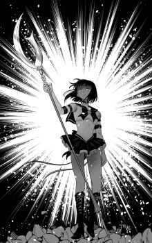 1girl bishoujo_senshi_sailor_moon boots bow breasts choker elbow_gloves full_body glaive_(polearm) gloves greyscale highres holding knee_boots lace-up_boots legs leotard looking_down magical_girl miniskirt monochrome pleated_skirt polearm sailor_saturn sailor_senshi_uniform short_hair silence_glaive skirt solo star_(symbol) tomoe_hotaru weapon white_gloves yamino