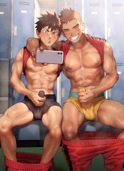 2boys abs absurdres bara bare_pectorals black_hair black_male_underwear blush brown_hair bulge clothes_lift clothes_pull erection erection_under_clothes gooning highres holding holding_phone kai large_pectorals male_focus male_masturbation male_underwear masturbation multiple_boys muscular muscular_male navel nipples open_mouth original pectorals phone red_shirt red_shorts shiba_yuuji shirt shirt_behind_neck shirt_lift short_hair shorts shorts_pull sitting smile teeth thick_thighs thighs underwear yaoi yellow_male_underwear yoichi_yukimura