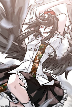 Rule 34 | 1girl, absurdres, artist name, bird wings, black skirt, breasts, brown wings, collared shirt, commentary request, dated, frilled skirt, frills, hat, highres, looking at viewer, multicolored shirt, multicolored skirt, one-hour drawing challenge, open mouth, pointy ears, pom pom (clothes), puffy short sleeves, puffy sleeves, red eyes, red hat, shameimaru aya, shirt, short sleeves, skirt, small breasts, smile, socks, solo, tokin hat, touhou, ve1024, white shirt, white socks, wings