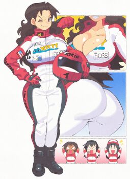 Rule 34 | 2026, 4girls, ;), ass, azumanga daiou, biker clothes, bikesuit, black boots, black hair, blank eyes, blush stickers, bodysuit, boots, breasts, brown eyes, brown hair, bursting breasts, chibi, cleavage, clothes writing, collarbone, commentary, dark-skinned female, dark skin, full body, gloves, hand on own hip, headphones, headset, helmet, highres, holding, holding unworn helmet, inkerton-kun, kagura (azumanga daioh), kasuga ayumu, large breasts, long hair, looking at viewer, motorcycle helmet, multiple girls, multiple views, one eye closed, open mouth, red gloves, smile, standing, takino tomo, tanizaki yukari, teeth, unworn headwear, unworn helmet