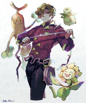 1boy @_@ absurdres belt black_pants brown_hair closed_mouth colza_(pokemon) commentary_request frown fuji_den_fujiko gen_2_pokemon grey_eyes hair_over_one_eye highres holding holding_whip long_sleeves male_focus nintendo pants pokemon pokemon_(creature) pokemon_sv shirt short_hair signature smoliv sudowoodo sunflora wavy_hair white_background