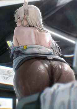 Rule 34 | 1girl, akita hika, animal ears, arknights, arknights: endfield, ass, ass focus, backless dress, backless outfit, bird ears, bird girl, black pantyhose, blue eyes, commentary request, dress, grey hair, grey jacket, gusset, highres, huge ass, jacket, long hair, looking at viewer, looking back, off shoulder, panties, panties under pantyhose, pantyhose, perlica (arknights), solo, suggestive fluid, underwear