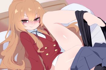 1girl aisaka_taiga bed bedroom black_pantyhose black_ribbon blazer blue_skirt blush bottomless brown_eyes brown_hair closed_mouth dot_nose embarrassed empty_eyes eyelashes female_focus foot_out_of_frame forced_smile from_side indoors jacket knee_up kukuchi581 loli long_hair long_sleeves looking_at_viewer looking_to_the_side matching_hair/eyes neck_ribbon nervous nervous_smile on_bed pantyhose red_jacket ribbon shirt sitting skirt skirt_around_one_leg smile solo toradora! unworn_pantyhose wavy_hair wavy_mouth white_shirt