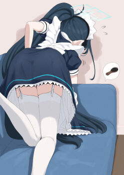 1girl all_fours apron aris_(blue_archive) aris_(maid)_(blue_archive) ass black_dress black_hair blue_archive blue_halo comb couch dress facing_away garter_straps halo highres long_hair maid maid_headdress on_couch rectangular_halo short_sleeves side_ponytail solo thighhighs unamaso very_long_hair white_apron white_garter_straps white_thighhighs