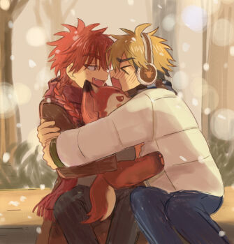 >_< 2boys black_pants blonde_hair blue_pants blush braid brown_coat closed_eyes coat earmuffs facing_another fang fox highres hug jacket long_hair long_sleeves looking_at_another male_focus multicolored_hair multiple_boys ne_mum2 open_mouth outdoors pants red_eyes red_hair red_scarf scarf shiguang_dailiren short_hair sitting smile snow snowing tree winter winter_clothes xia_fei xiao_weiying yaoi