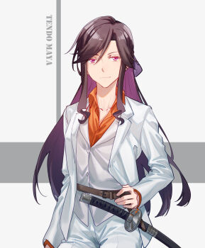 Rule 34 | 1girl, absurdres, alternate costume, bow, brown hair, character name, chinese commentary, closed mouth, collarbone, collared jacket, collared shirt, commentary request, english text, formal clothes, gradient hair, grey background, hair bow, hair ornament, hairclip, head tilt, highres, jacket, katana, long hair, long sleeves, looking to the side, multicolored hair, open clothes, pants, purple eyes, shirt, shoujo kageki revue starlight, solo, standing, suit, swept bangs, sword, tendou maya, vest, walluka, weapon, white suit