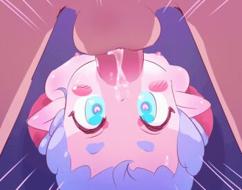 1boy 1girl animated animated_gif bare_shoulders breasts cum cum_in_mouth deepthroat fellatio heart heart-shaped_pupils hetero irrumatio loli nipples oral oweno purple_eyes purple_hair reverse_fellatio shaped_pupil small_breasts symbol-shaped_pupils through_wall topless_female upside-down