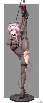 1girl animal_ears arknights arm_strap armpits artist_name ass bdsm black_hairband black_shoes bodystocking bondage bound bound_ankles bound_wrists closed_mouth collar collarbone covered_navel crotch_rope cuffs female_focus full_body grey_background hairband harness high_heels highres leg_up lin_(arknights) long_hair looking_at_viewer mouse_ears mouse_girl mouse_tail partially_visible_vulva pillarboxed pubic_tattoo purple_eyes purple_hair see-through_clothes shackles shoes simple_background solo split standing standing_on_one_leg standing_split statue tail tattoo torn_bodystocking torn_clothes variant_set xnnagu