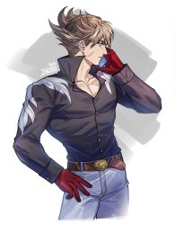 Rule 34 | 1boy, absurdres, belt, blue eyes, brown hair, cellphone, character request, cowboy shot, gloves, highres, lars, male focus, pants, phone, red gloves, shirt, silvercandy gum, simple background, smartphone, solo, tekken, tekken 8, toned, toned male, white background