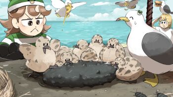 Rule 34 | 2girls, :<, animal, animal on head, baby animal, beak hold, bird, bird on head, blonde hair, blue eyes, brown eyes, brown hair, burger, chick, chicken, clumsy nun (diva), commentary, diva (hyxpk), eating, english commentary, food, french fries, froggy nun (diva), green one-piece swimsuit, highres, little nuns (diva), mouth hold, multiple girls, nest, ocean, old-fashioned swimsuit, on head, one-piece swimsuit, pizza, sea cucumber, seagull, short hair, slice of life, striped clothes, striped one-piece swimsuit, swimsuit, white one-piece swimsuit