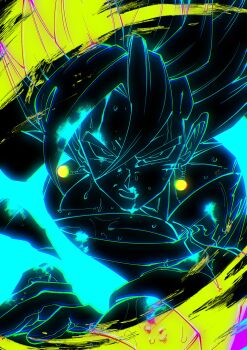 1boy black_background blue_theme dragon_ball dragonball_z earrings gloves highres jewelry lineart medium_hair muscular muscular_male potara_earrings solo spiked_hair stktik09060906 super_saiyan upper_body vegetto yellow_background