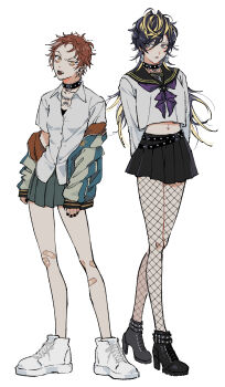 2girls aegyo_sal aimono_jyushi alternate_costume ankle_boots arms_at_sides arms_behind_back bandaid bandaid_on_knee bandaid_on_leg belt black_belt black_boots black_choker black_hair black_nails black_skirt blonde_streaks blue_eyes blue_jacket blush boots breasts chain chain_necklace chest_tattoo choker choppy_bangs collarbone collared_shirt commentary ear_piercing fang fishnet_pantyhose fishnets flower frown full_body furrowed_brow genderswap genderswap_(mtf) grey_skirt hair_between_eyes harai_kuko high_heel_boots high_heels highres hypnosis_mic jacket jewelry jitome lace-up_boots legs_apart long_hair long_sleeves looking_at_another looking_to_the_side lotus medium_breasts messy_hair midriff_peek miniskirt multicolored_hair multicolored_jacket multiple_belts multiple_girls multiple_piercings navel_piercing neckerchief necklace off_shoulder omanjumaturi1 open_clothes open_jacket pale_skin pantyhose parted_bangs partially_unbuttoned piercing pink_lips pleated_skirt plug_(piercing) purple_neckerchief raised_inner_eyebrows red_hair school_uniform serafuku shirt shoes short_bangs short_hair side-by-side sideways_glance silver_necklace simple_background skirt sleeves_past_wrists slouching small_breasts sneakers standing streaked_hair studded_belt studded_choker sukajan tattoo tongue tongue_out tongue_piercing two-sided_fabric two-sided_jacket two-tone_jacket uneven_eyes v-shaped_eyebrows very_short_hair white_background white_jacket white_shirt white_shoes yellow_eyes