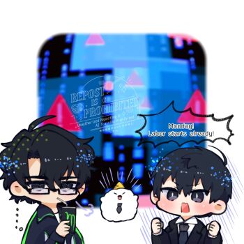 2boys biyoo_(omniscient_reader&#039;s_viewpoint) black_coat black_eyes black_hair black_jacket black_necktie blush clenched_hand coat commentary double-parted_bangs drinking drinking_straw english_commentary glasses hair_between_eyes hands_up highres jacket kim_dokja kimidori_22 male_focus monster_energy multiple_boys necktie omniscient_reader&#039;s_viewpoint open_clothes open_coat popped_collar shirt short_hair striped_clothes striped_jacket upper_body white_shirt yoo_joonghyuk
