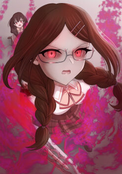 Rule 34 | 2girls, absurdres, assault lily, belt, belt buckle, black thighhighs, blood, blood on arm, blood on clothes, boots, braid, breasts, brown belt, brown boots, brown hair, brown jacket, brown skirt, buckle, collared shirt, commentary request, corset, energy, floating hair, glasses, glowing, glowing eyes, gradient background, grey-framed eyewear, grey background, hair ornament, hairclip, hasegawa gabriella tsugumi, highres, holding, holding sword, holding weapon, jacket, knee boots, long hair, looking at viewer, low twin braids, low twintails, ludvico private girls' academy school uniform, matsunaga brigitta kayo, medium breasts, medium hair, multiple girls, open clothes, open jacket, open mouth, parallel hairclips, parted bangs, red eyes, school uniform, semi-rimless eyewear, shirt, sitting, skirt, standing, sword, thighhighs, torn clothes, torn sleeves, twin braids, twintails, under-rim eyewear, underbust, v-shaped eyebrows, wariza, weapon, white shirt, wide-eyed, yadoo