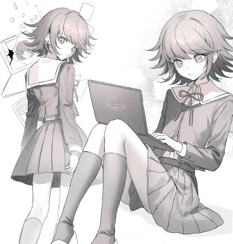 1boy absurdres alter_ego_(danganronpa) brown_hair commentary_request computer crossdressing danganronpa:_trigger_happy_havoc danganronpa_(series) fujisaki_chihiro highres jacket kn0309dg kneehighs laptop long_sleeves looking_at_viewer male_focus monochrome pleated_skirt ribbon school_uniform shirt short_hair sitting skirt smile socks trap