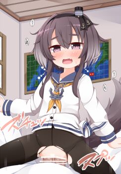 1boy 1girl anchor blush brown_hair censored cowgirl_position dress girl_on_top gradient_hair grey_hair hairband happy_sex hetero jewelry kantai_collection loli map multicolored_hair neckerchief necklace nikku_(ra) open_mouth pantyhose penis pink_eyes pussy sex short_hair_with_long_locks smile straddling tail thick_eyebrows tokitsukaze_(kancolle) torn_clothes torn_legwear white_dress