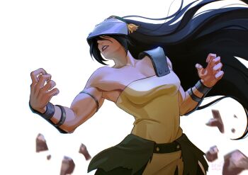 1girl aged_up avatar:_aang_the_last_airbender avatar:_the_last_airbender avatar_legends beyaarca blind commentary element_bending floating_rock geokinesis green_hairband green_pants hairband helmet highres long_hair muscular muscular_female pants solo toph_beifong