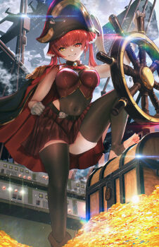 1girl absurdres advarcher arcadia arrow_through_heart ascot battleship belt bicorne black_belt black_coat black_hat black_leotard black_thighhighs blue_gemstone breasts coat coat_on_shoulders coin commentary_request covered_navel epaulettes feet foot_out_of_frame gem gloves gold_coin gold_trim grin hair_between_eyes hair_ribbon harlock_saga hat heterochromia highleg highleg_leotard highres hololive houshou_marine houshou_marine_(1st_costume) jacket large_breasts lens_flare leotard leotard_under_clothes long_hair looking_at_viewer military_vehicle multicolored_coat no_shoes pirate_hat pleated_skirt plume red_ascot red_coat red_eyes red_hair red_jacket red_ribbon red_skirt ribbon science_fiction ship ship&#039;s_wheel skirt skull_and_crossbones sleeveless sleeveless_jacket smile soles solo spacecraft standing stirrup_legwear thighhighs toeless_legwear toes treasure_chest twintails two-sided_coat two-sided_fabric two-tone_coat uchuu_kaizoku_captain_harlock uchuu_senkan_yamato virtual_youtuber waga_seishun_no_arcadia warship watercraft white_gloves yamato_(uchuu_senkan_yamato) yellow_eyes