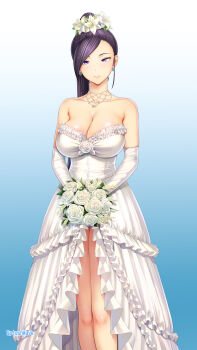 Rule 34 | 1girl, alternate costume, artist name, asymmetrical bangs, blue background, bouquet, breasts, bride, cleavage, commentary request, dragon quest, dragon quest xi, dress, dress flower, earrings, elbow gloves, flower, gloves, hair flower, hair ornament, high ponytail, highres, holding, holding bouquet, jewelry, large breasts, lily (flower), long hair, looking at viewer, martina (dq11), necklace, ponytail, purple eyes, purple hair, rose, skindentation, smile, solo, splush wave, st.germain-sal, strapless, strapless dress, wedding, wedding dress, white dress, white flower, white gloves, white rose