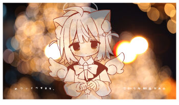 1girl ahoge animal_ears blurry bokeh bow cat_ears commentary depth_of_field hair_ornament halo highres long_sleeves mini_wings nakkar original revision shirt solo symbol-only_commentary translation_request wings
