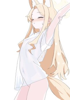 1girl animal_ear_fluff animal_ears arched_back arm_above_head armpits arms_up ass blonde_hair blue_archive blush bottomless breasts closed_eyes clothing_cutout covered_navel cowboy_shot cross_halo dot_nose ear_blush extra_ears facing_to_the_side forehead fox_ears fox_girl fox_tail from_side halo highres holding_own_arm kamitosayu light_blush loli long_hair long_sidelocks naked_shirt navel_cutout no_panties parted_bangs parted_lips seia_(blue_archive) shirt short_sleeves sidelocks simple_background small_breasts solo standing stretching sweatdrop t-shirt tail thighs very_long_hair white_background white_shirt yellow_halo