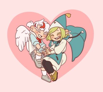 Rule 34 | 2girls, angel wings, blue gloves, blue hat, blue shirt, blush, bow, bowtie, bulletproof vest, closed eyes, coco (tongari boushi no atelier), commentary, crossover, dress, english commentary, feathered wings, fingerless gloves, gloves, green hair, green shoes, grey dress, grin, hair ornament, hairclip, hat, hat tassel, heart, highres, holding hands, knee pads, koharu (love-bullet), love-bullet, multicolored hair, multiple girls, pink background, qifrey's atelier apprentice uniform, red bow, red bowtie, red hair, shirt, shoes, short dress, short hair, simple background, smile, streaked hair, tongari boushi no atelier, vandoesart, white dress, white hair, wings