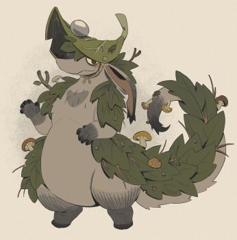 1other blush claws commentary dew_drop english_commentary floppy_ears fluffy full_body furry hand_up highres leaf leaf_hat mushroom original rope sorochii standing twig water_drop white_background white_fur