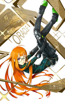1girl ;p ahoge artist_logo artist_name belt black_bodysuit bodysuit breasts elbow_pads english_text floating floating_hair from_side full_body glint gold green_bodysuit hair_spread_out hands_under_legs hieroglyphics highres knee_pads logo long_hair looking_at_viewer looking_to_the_side nikusenpai one_eye_closed oracle_(persona_5) orange_hair persona persona_5 purple_eyes sakura_futaba small_breasts solo sparkle tongue tongue_out very_long_hair watermark