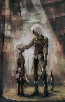 2boys age_difference armor chiseko1000yeah dark-skinned_male dark_elf dark_skin drizzt_do&#039;urden drow elf family_bonding father_and_son multiple_boys pointy_ears sword weapon white_hair zaknafein_do&#039;urden