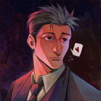 Rule 34 | 1boy, aquiline nose, black eyes, black necktie, closed mouth, formal clothes, heart, highres, higuruma hiromi, jujutsu kaisen, knullkhan, male focus, necktie, nose, portrait, short hair, solo, spoken heart, suit, sweatdrop