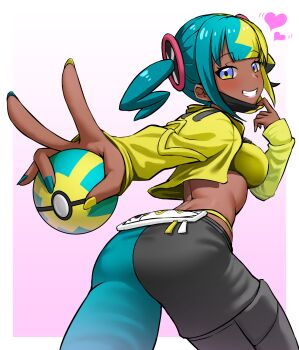 1girl bandeau blue_eyes border breasts canari_(pokemon) commentary_request dark-skinned_female dark_skin eyelashes gradient_background grin hajime_(wkpz8247) hand_up heart highres holding holding_poke_ball holding_with_gesture jacket legs_apart long_sleeves looking_back mask mask_pull mouth_mask nail_polish nintendo open_clothes open_jacket outside_border pants poke_ball pokemon pokemon_legends:_z-a quick_ball short_twintails smile solo teeth twintails v white_border yellow_bandeau yellow_jacket yellow_nails
