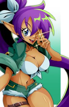 1girl absurdres alternate_costume andoryu_anzuru arm_up bare_legs belt blue_eyes border breasts cleavage collarbone commentary crop_top cropped_jacket curvy dark-skinned_female dark_skin english_commentary female_focus full_body gradient_background green_background green_jacket green_shorts groin happy high_ponytail highres holding holding_jewelry holding_ring jacket jewelry large_breasts long_hair looking_at_viewer narrow_waist navel official_alternate_costume one_eye_closed open_mouth outside_border pointy_ears ponytail purple_hair ring shantae shantae_(series) shantae_advance:_risky_revolution shirt short_shorts shorts smile solo teeth thick_thighs thigh_belt thigh_strap thighs tied_shirt upper_body upper_teeth_only very_long_hair wayforward white_border wide_hips wink