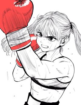 Rule 34 | 1girl, abs, boxing, boxing gloves, boxing shorts, breasts, commentary request, flying sweatdrops, highres, lee (dragon garou), monochrome, motion lines, mouth guard, original, punching, serious, shorts, small breasts, solo, sports bra, spot color, sweat, toned, toned female, twintails, upper body, uppercut, very sweaty