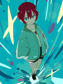 1girl amate_yuzuriha black_boots black_shorts blue_background blue_eyes blue_jacket bluearcadegames boots double-parted_bangs full_body gundam gundam_gquuuuuux hair_between_eyes hand_in_pocket highres jacket long_sleeves looking_at_viewer red_hair shirt short_hair short_shorts shorts sidelocks smile solo white_shirt