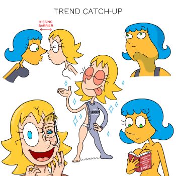 Rule 34 | :d, art shift, blonde hair, blue hair, book, brianne (keith stack), convenient censoring, glasses, highres, jewelry, keith stack, leslie (keith stack), meme, nude, open mouth, realistic, ring, smile, sparkle, sweater, upward angle frieren drawing (meme), wacky lesbian hour, yuri