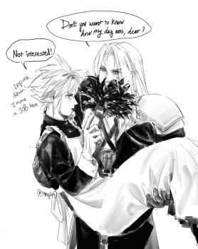 19nighty7 2boys alternate_costume apron armor black_gloves carrying cloud_strife crossdressing crossdressing_(mtf) dress duster english_text enmaided feather_duster final_fantasy final_fantasy_vii frilled_apron frills gloves greyscale highres long_hair maid male_focus male_maid monochrome multiple_boys open_mouth pauldrons princess_carry sephiroth short_hair shoulder_armor speech_bubble spiked_hair white_background white_gloves yaoi