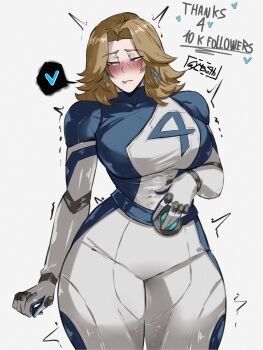 absurdres biting_own_lip blonde_hair blue_bodysuit blue_eyes blush bodysuit breasts earrings fluffy_hair gy_beth hand_on_own_stomach heart highres hoop_earrings jewelry large_breasts marvel marvel_rivals medium_hair multicolored_bodysuit parted_bangs shaking signature stomach_bulge sue_storm superhero_costume thick_thighs thighs two-tone_bodysuit white_background white_bodysuit