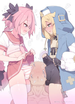 3boys androgyne_symbol aqua_eyes astolfo_(fate) black_gloves black_skirt blonde_hair blue_hoodie blue_jacket blush bridget_(guilty_gear) briefs bulge clothes_lift commentary_request crossdressing crossdressing_(mtf) erection erection_under_clothes fate/grand_order fate_(series) fingerless_gloves gloves guilty_gear highres hood hood_up hooded_jacket hoodie jacket josou_seme lifting_own_clothes long_sleeves male_focus male_underwear miniskirt multiple_boys nyakkuru open_mouth paid_reward_available panties pink_hair pink_panties precum puffy_long_sleeves puffy_sleeves red_sailor_collar red_skirt sailor_collar school_uniform serafuku shirt short_sleeves shota simple_background skirt skirt_lift speech_bubble striped_clothes striped_panties translation_request trap underwear white_background white_shirt yaoi