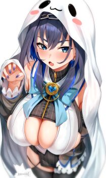 1girl anzhong blue_eyes blue_hair breasts highres hololive hololive_english large_breasts ouro_kronii underboob virtual_youtuber