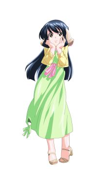 1girl animal_ears anime_coloring black_hair breasts closed_mouth cropped_jacket dog_ears dress extra_ears floppy_ears full_body game_asset green_dress hair_ribbon half_updo hands_on_own_face hands_up highres hiiragi_mako jacket large_variant_set layered_clothes long_dress long_hair long_sleeves mahotama maki_daikichi medium_breasts official_art pink_sash raised_inner_eyebrows ribbon sandals sash simple_background solo standing surprised tachi-e tareme third-party_source transparent_background variant_set visual_novel_cg wavy_mouth wide-eyed yellow_jacket