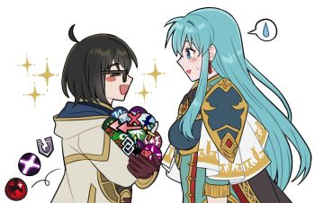 2girls :d armor artist_self-insert blue_eyes blue_hair blush brown_gloves cape coat commentary earrings eirika_(fire_emblem) eirika_(resolute_princess)_(fire_emblem) english_commentary female_kiran_(fire_emblem) fire_emblem fire_emblem:_the_sacred_stones fire_emblem_heroes from_side gameplay_mechanics glasses gloves highres hood hood_down hooded_coat jewelry kiran_(fire_emblem) long_hair long_sleeves maji_(majibomber) multiple_girls nintendo official_alternate_costume open_mouth short_hair short_sleeves shoulder_armor smile spoken_sweatdrop sweatdrop white_background white_coat