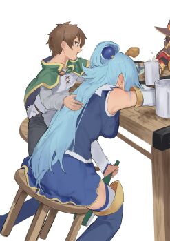 1boy 2girls aqua_(konosuba) black_pants blue_boots boots bottle braid breasts brown_hair capelet cup fish green_capelet green_eyes hair_ornament hand_on_another&#039;s_back hat highres holding holding_bottle holding_cup kono_subarashii_sekai_ni_shukufuku_wo! long_hair megumin multiple_girls open_mouth pants pocche-ex satou_kazuma shirt short_hair single_braid sitting stool table white_background white_shirt witch_hat wooden_stool wooden_table