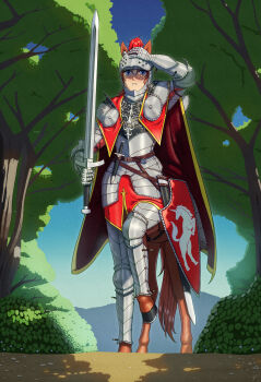 1girl absurdres animal_ears arm_up armor blue_eyes blue_sky breastplate brown_hair cape centaur commentary_request day ears_through_headwear fantasy full_armor full_body gauntlets greaves grey_armor hair_between_eyes helm helmet highres holding holding_sword holding_weapon hooves horse_ears horse_tail horseshoe knife knight korean_commentary medium_hair monster_girl multiple_legs original outdoors parted_lips qiannian_zuojia red_cape scabbard shadow sheath sheathed shield shin_guards shoulder_armor sidelocks sky solo standing standing_on_three_legs sword tail taur tree weapon