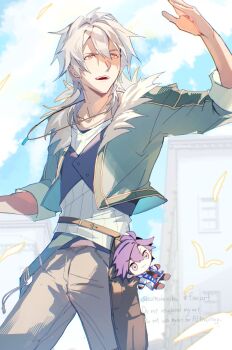 Rule 34 | 1boy, azitsukeniku, commentary request, cowbow shot, cropped jacket, crow armbrust, denim, double-parted bangs, eiyuu densetsu, english text, fur collar, hair between eyes, highres, jeans, jewelry, kai no kiseki, kuro no kiseki (series), male focus, mullet, necklace, open mouth, outdoors, pants, partially shaded face, pendant, rean schwarzer, red eyes, short hair, sleeves rolled up, smile, solo, stuffed toy, twitter username, watermark, white hair