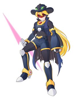 1girl absurdres alternate_costume alternate_hairstyle arm_cannon armor armored_boots belt biometal blonde_hair blue_eyes body_armor bodystocking boots breasts chest_jewel ciel_(mega_man) coattails collared_jacket commission commissioner_upload cowboy_hat dynamo_(mega_man) elbow_gloves energy_sword gauntlets gloves hat high_heels highres jacket knee_boots long_hair mechanical_ears mega_man_(series) mega_man_zero_(series) mega_man_zx non-web_source shorts sleeveless sleeveless_jacket small_breasts sword transparent_background uta_guipiy weapon