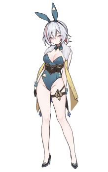 1girl absurdres alternate_costume animal_ears black_gloves black_shoes blue_eyes breasts commentary english_commentary fake_animal_ears full_body gloves green_leotard highleg highleg_leotard highres honkai:_star_rail honkai_(series) leotard looking_at_viewer medium_breasts medium_hair miclipse mole mole_on_thigh multicolored_hair playboy_bunny red_hair shoes simple_background solo standing streaked_hair topaz_(honkai:_star_rail) two-tone_hair white_background white_hair wrist_cuffs