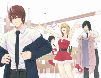 2boys 2girls amane_misa bare_arms belt black_belt black_hair black_jacket black_necktie black_pants blonde_hair boots bottle breasts brown_hair closed_eyes coat collared_shirt commentary_request cowboy_shot death_note dress fur-trimmed_boots fur-trimmed_dress fur_trim grey_coat hair_between_eyes hair_tie half_updo holding holding_unworn_clothes indoors jacket jacket_partially_removed looking_at_another medium_breasts medium_hair merry_christmas mikami_teru multiple_boys multiple_girls necktie open_mouth outstretched_arms pants parted_lips red_boots red_dress santa_costume santa_dress shirt short_hair short_twintails smile space_youkai strapless strapless_dress suit_jacket sweatdrop takada_kiyomi tube_dress twintails white_shirt wine_bottle yagami_light